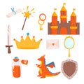 Hand drawn set of fairy tale and magic princess elements: lock, crown dragon, key, potion sword, mirror, horse, magic wand. Cut Royalty Free Stock Photo