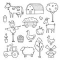 Hand drawn set farm animal, farmer food.