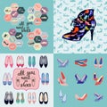 Hand drawn set of fashion illustration, background and icons of shoes Royalty Free Stock Photo
