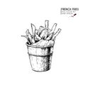 Hand drawn set of fast food. Bucket of french fries potato. Vintage engraved vector illustration. Isolated on white. For Royalty Free Stock Photo