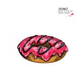 Hand drawn set of fast food. Colored hot pink sweet donut with glazing. Breakfast dessert. Vintage engraved vector Royalty Free Stock Photo