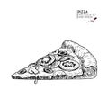 Hand drawn set of fast food.Pizza slice with tomato, olive, basil, mushroom and cheese. engraved vector illustration