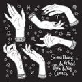 Hand drawn set of female witches hands in different poses. Flash tattoo, sticker, patch or print design vector