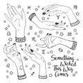 Hand drawn set of female witches hands in different poses. Flash tattoo, sticker, patch or print design vector