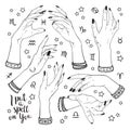 Hand drawn set of female witches hands in different poses. Flash tattoo, sticker, patch or print design vector illustration. Royalty Free Stock Photo