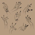 Hand drawn set of female witches with hands in different poses. Royalty Free Stock Photo