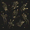 Hand drawn set of female witches with hands in different poses. Royalty Free Stock Photo