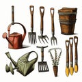 Hand drawn Set Gardening Tools Set in Detailed Vector Style Royalty Free Stock Photo