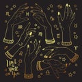 Hand drawn set of gold female witches hands in different poses. Flash tattoo, sticker, patch or print design vector illustration