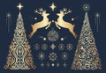 Hand drawn set of golden decorative Christmas trees, reindeers, snowflakes and stars. Happy New Year collection for winter Royalty Free Stock Photo