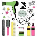 Hand drawn set of hair styling. Hair dryer, hairbrushes, sprays and scrunchy. Salon beauty care. Black line colored Royalty Free Stock Photo