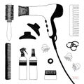 Hand drawn set of hair styling. Hair dryer, hairbrushes, sprays and scrunchy. Salon beauty care. Black sketch on white