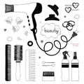 Hand drawn set of hair styling. Hair dryer, hairbrushes, sprays and scrunchy. Salon beauty care. Black sketch on white Royalty Free Stock Photo