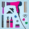 Hand drawn set of hair styling. Hair dryer, hairbrushes, sprays and scrunchy. Salon beauty care. Black line colored Royalty Free Stock Photo