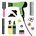 Hand drawn set of hair styling. Hair dryer, hairbrushes, sprays and scrunchy. Salon beauty care. Black line colored Royalty Free Stock Photo