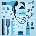 Hand drawn set of hair styling. Hair dryer, hairbrushes, sprays and scrunchy. Salon beauty care. Black line colored