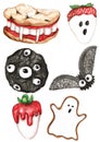 Hand-drawn set of halloween sweets: cookies, strawberries and chocolate