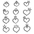 Hand drawn set of heart with crown for design on white, stock vector illustration Royalty Free Stock Photo