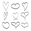 Hand drawn set hearts icons, different graphic hearts illustration design isolated on white Royalty Free Stock Photo