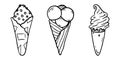 Hand drawn set of ice cream cone, doodle sundae in waffle. Sketch style vector illustration for cafe menu, card Royalty Free Stock Photo