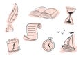 Hand-drawn set of icon. Vintage symbol of clock, feather, ink, ship, book, calendar, old paper. Royalty Free Stock Photo