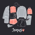 Hand drawn set of Jeans Wear. Fashion vector background. Actual