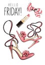 Hand drawn set with lipstick, bow and woman shoes with pompoms. Beautiful set with cosmetics and fashion heels. Flat lay.