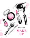 Hand drawn set with lipstick, brushes, mascara, nail polish, powder blush and bow. Beautiful set with cosmetics for Makeup. Royalty Free Stock Photo