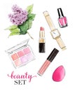 Hand drawn set with lipstick, eye shadows, lip gloss, nail polish, watch and lilac. Beautiful set with cosmetics for Makeup. Royalty Free Stock Photo