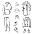 Hand drawn set of men s casual clothes sketches