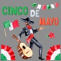 Hand drawn Set with Mexican Man with Guitar in dancing Pose