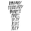 Hand drawn set of months. Modern dry brush lettering. Names of the months. Vector illustration. Handwritten grunge inscription.