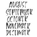 Hand drawn set of months. Modern dry brush lettering. Names of the months. Vector illustration. Handwritten grunge inscription.