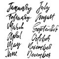 Hand drawn set of months. Modern dry brush lettering. Names of the months. Vector illustration. Handwritten grunge