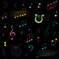 Hand Drawn Set of Music Symbols. Colorful Doodle Treble Clef, Bass Clef, Notes and Lyre on Black.