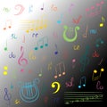 Hand Drawn Set of Music Symbols. Colorful Doodle Treble Clef, Bass Clef, Notes and Lyre on Monochrome Background. Sketch Style