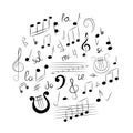 Hand Drawn Set of Music Symbols. Doodle Treble Clef, Bass Clef, Notes and Lyre Arranged in a Cirlce. Vector Illustration. Royalty Free Stock Photo