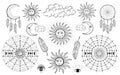 Hand drawn set of mystical Sun with woman`s face, moon, dreamcatcher, feather, zodiac symbol, star in line art. Spiritual