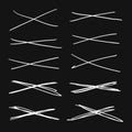 Hand drawn set of objects for design use. White Vector doodle cross lines on black background.  Abstract pencil drawing stripes. Royalty Free Stock Photo