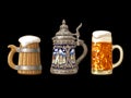 Hand drawn set of old beer mugs. Wooden mug, German stein mug, dimpled Oktoberfest glass mug. Vector illustration Royalty Free Stock Photo