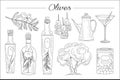 Hand drawn set of olive tree, branch, oil bottles with herbs, martini glass, tasty snacks. Fresh and natural product