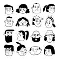 Hand drawn set of people faces in black and white. Portraits of various men and women. Royalty Free Stock Photo