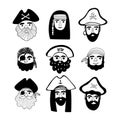 Hand drawn set of pirate faces. Black and white icons set.