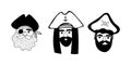 Hand drawn set of pirate faces. Black and white icons set.
