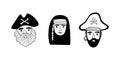 Hand drawn set of pirate faces. Black and white icons set.