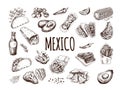 Hand-drawn set of realistic mexican dishes and products. Vintage sketch drawings of Latin American cuisine. Royalty Free Stock Photo