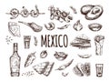 Hand-drawn set of realistic mexican dishes and products. Vintage sketch drawings of Latin American cuisine. Vector ink Royalty Free Stock Photo