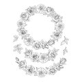 Hand drawn set of rose flowers round frame, vignettes and garlands. Black and white vector illustration