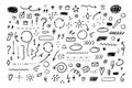 Hand drawn set of simple decorative elements. Various icons such as hearts, stars, speech bubbles, arrows, lines on white Royalty Free Stock Photo