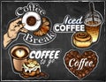 Hand drawn set of sketch coffee logo isolated on chalkboard. Hot drink sticker on blackboard. Royalty Free Stock Photo